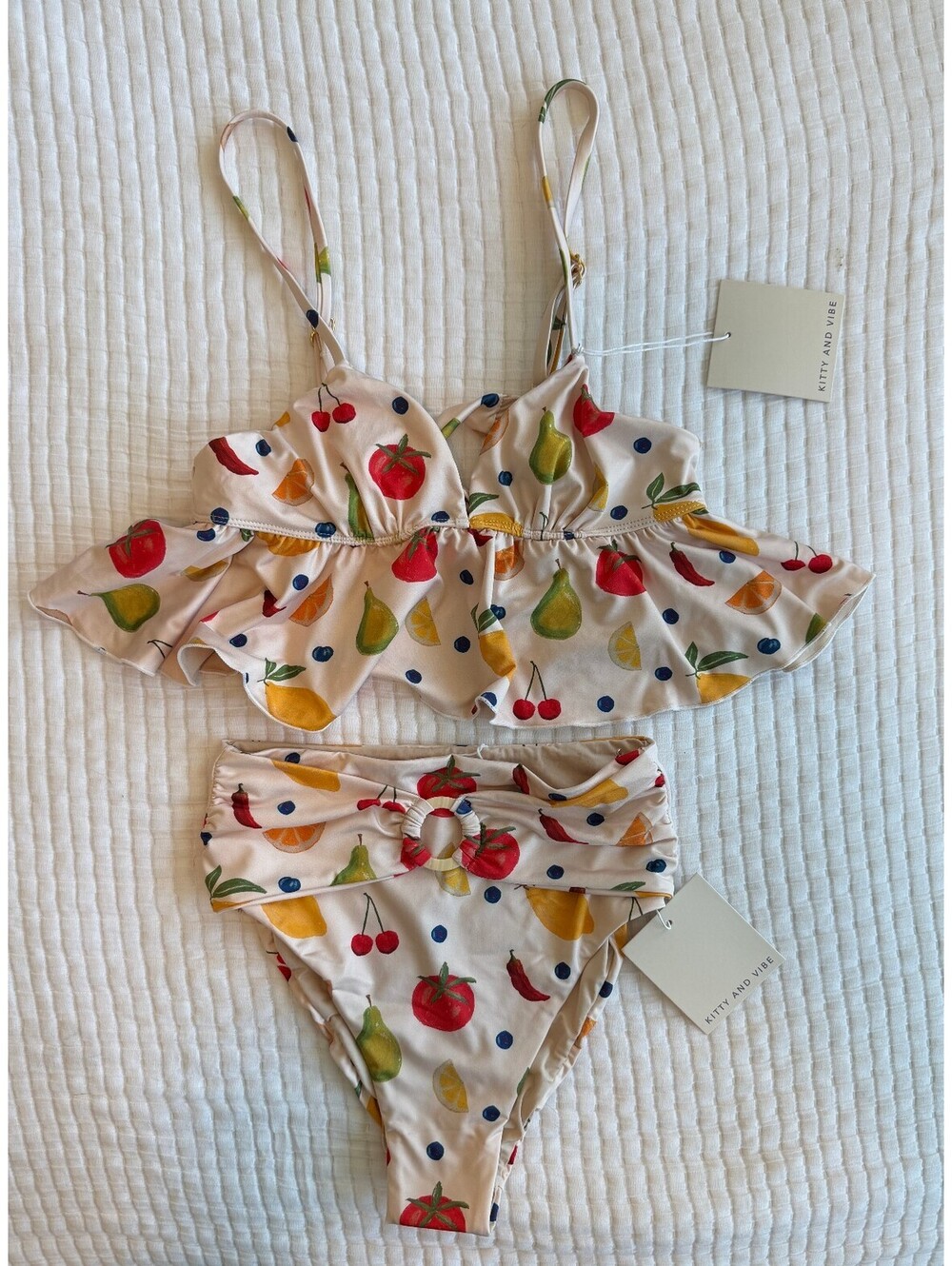NWT Kitty and Vibe Fruit Print Ruffle Bikini Set XS High Waisted - Picture 2 of 5